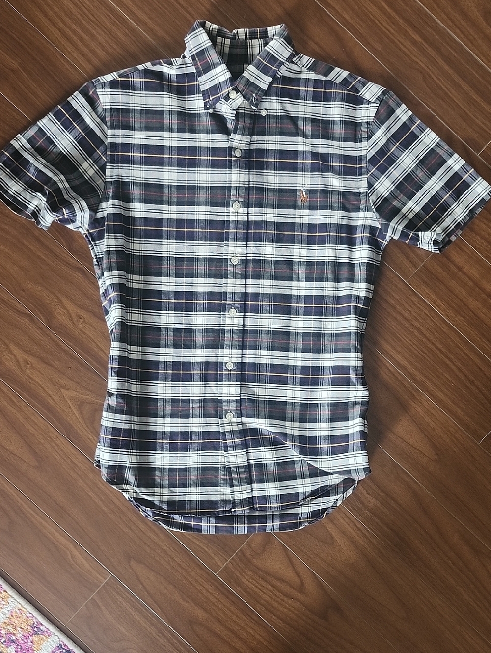 Ralph Lauren Navy and Tan Plaid Short-Sleeve Button-Down Shirt